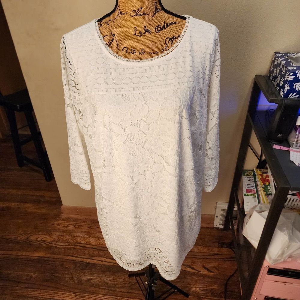 Isaac Mizrahi Live White Crochet Floral 3/4 Sleeve Tunic Top Shift Dress 1X